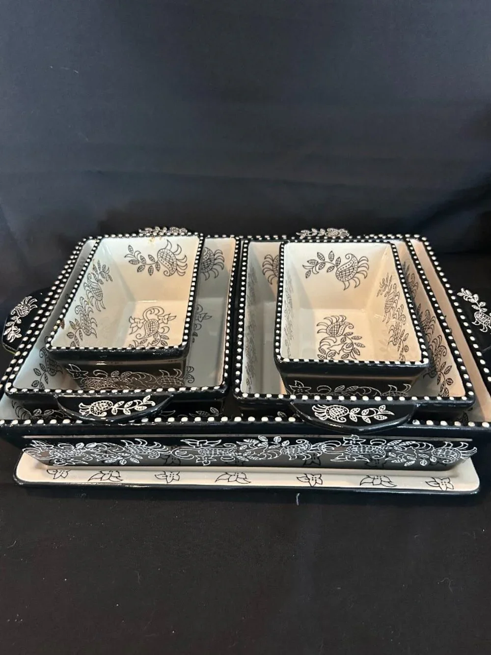 Black White Paisley 5-Piece Nesting Serving Dish Set - Tray + Dishes